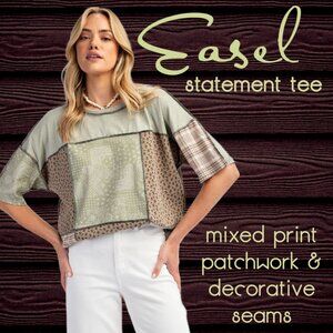 EASEL “Statement Tee” 100% Cotton Mix Print Patchwork Half Sleeves Exposed Seams